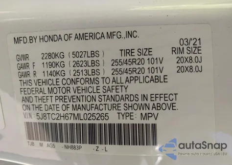 2021 Acura Rdx A-Spec Package from USA, damaged, VIN 5J8TC2H67ML025265